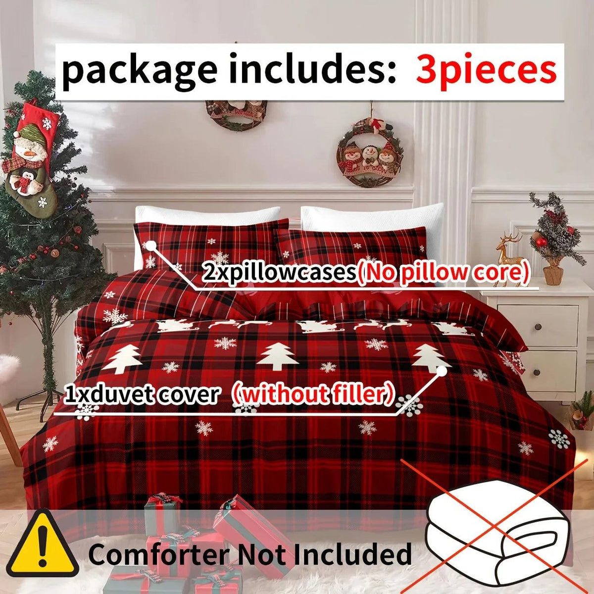 3-Piece Christmas Duvet Cover Set – Checkered Elk & Snowflake Print, Soft Breathable Hypoallergenic Polyester, Machine Washable