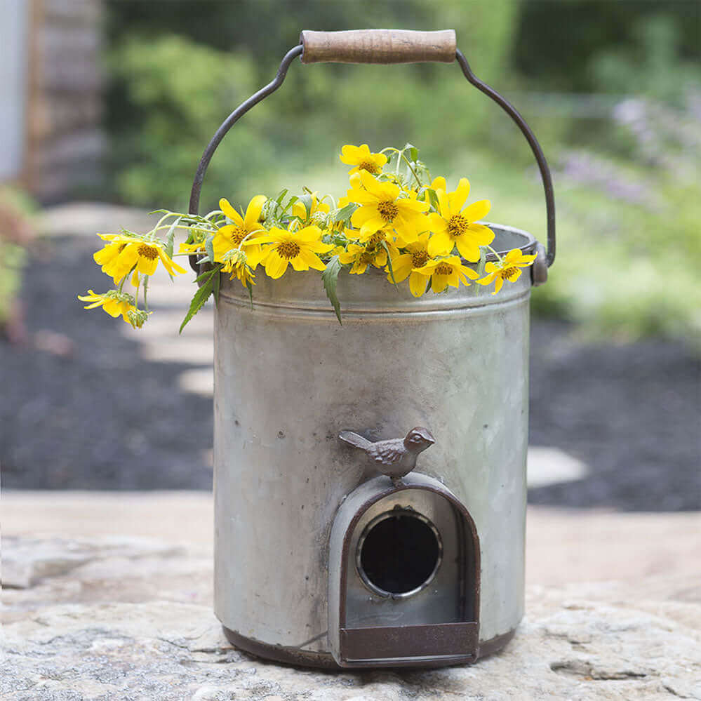 Farmhouse Bucket Planter Birdhouse with Handle