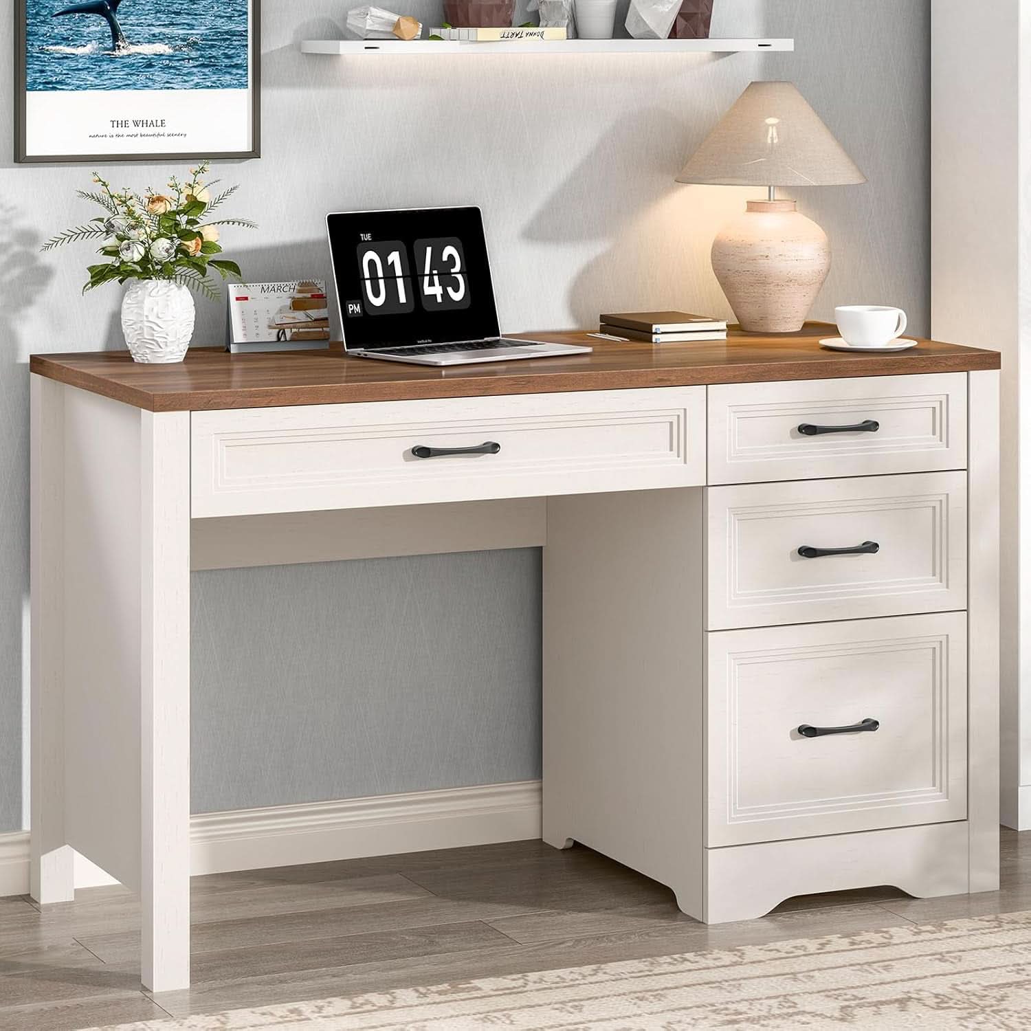 White Farmhouse Executive Desk With Storage And File Drawer