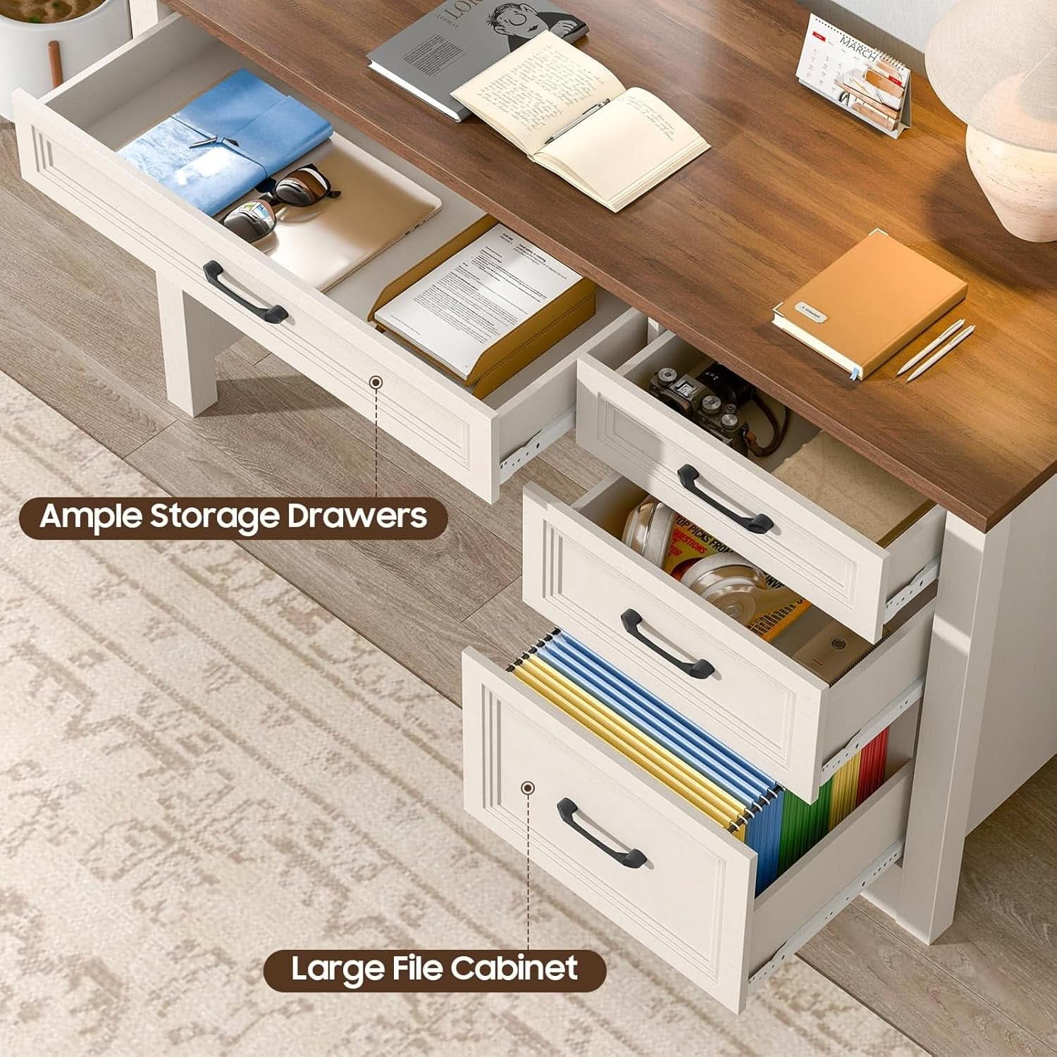 White Farmhouse Executive Desk With Storage And File Drawer