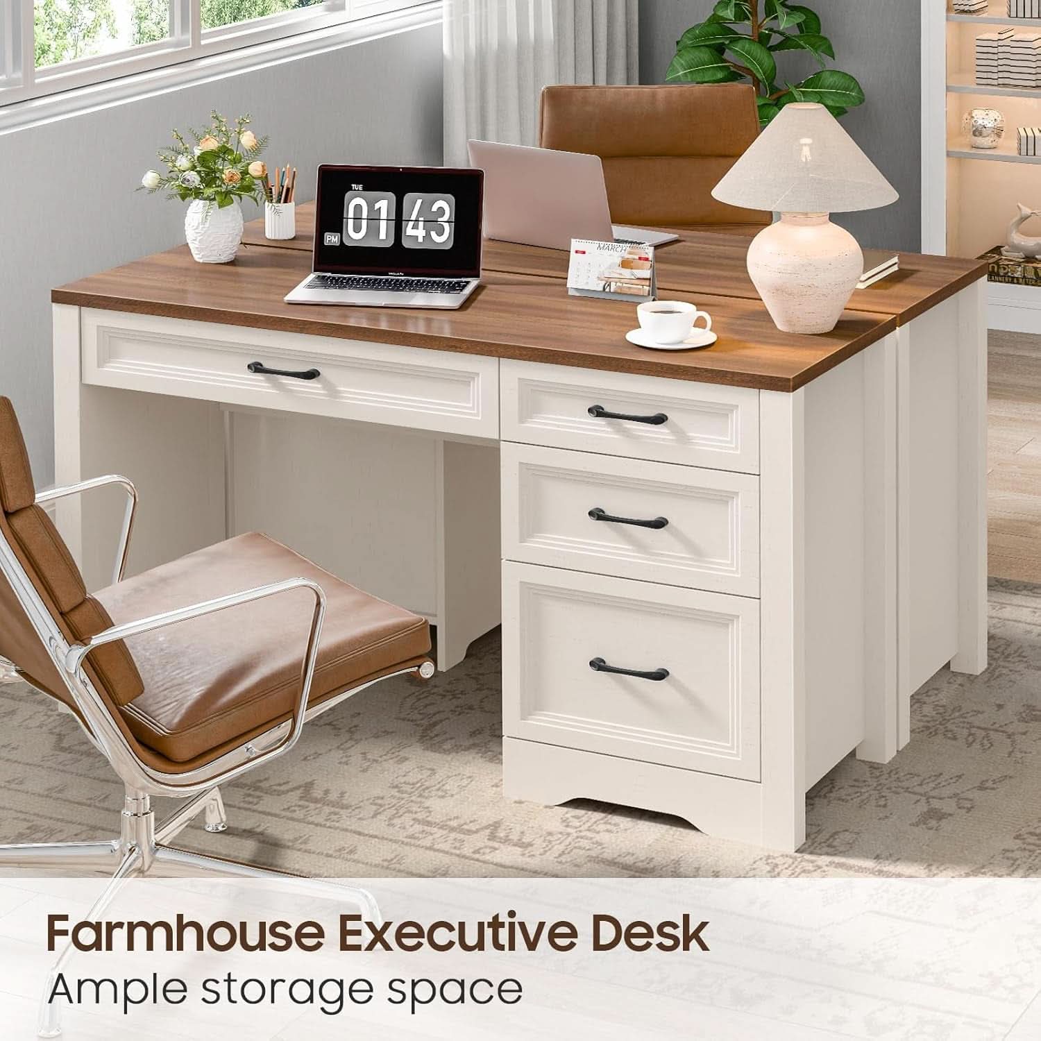 White Farmhouse Executive Desk With Storage And File Drawer