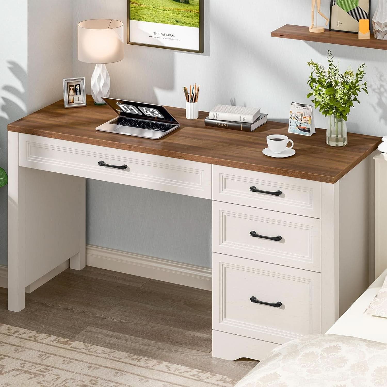 White Farmhouse Executive Desk With Storage And File Drawer