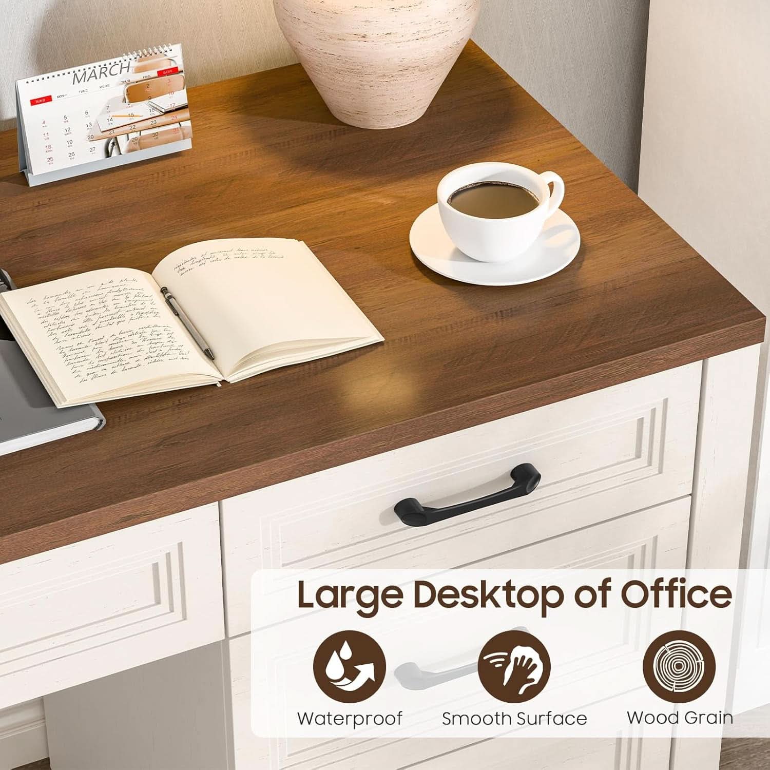 White Farmhouse Executive Desk With Storage And File Drawer