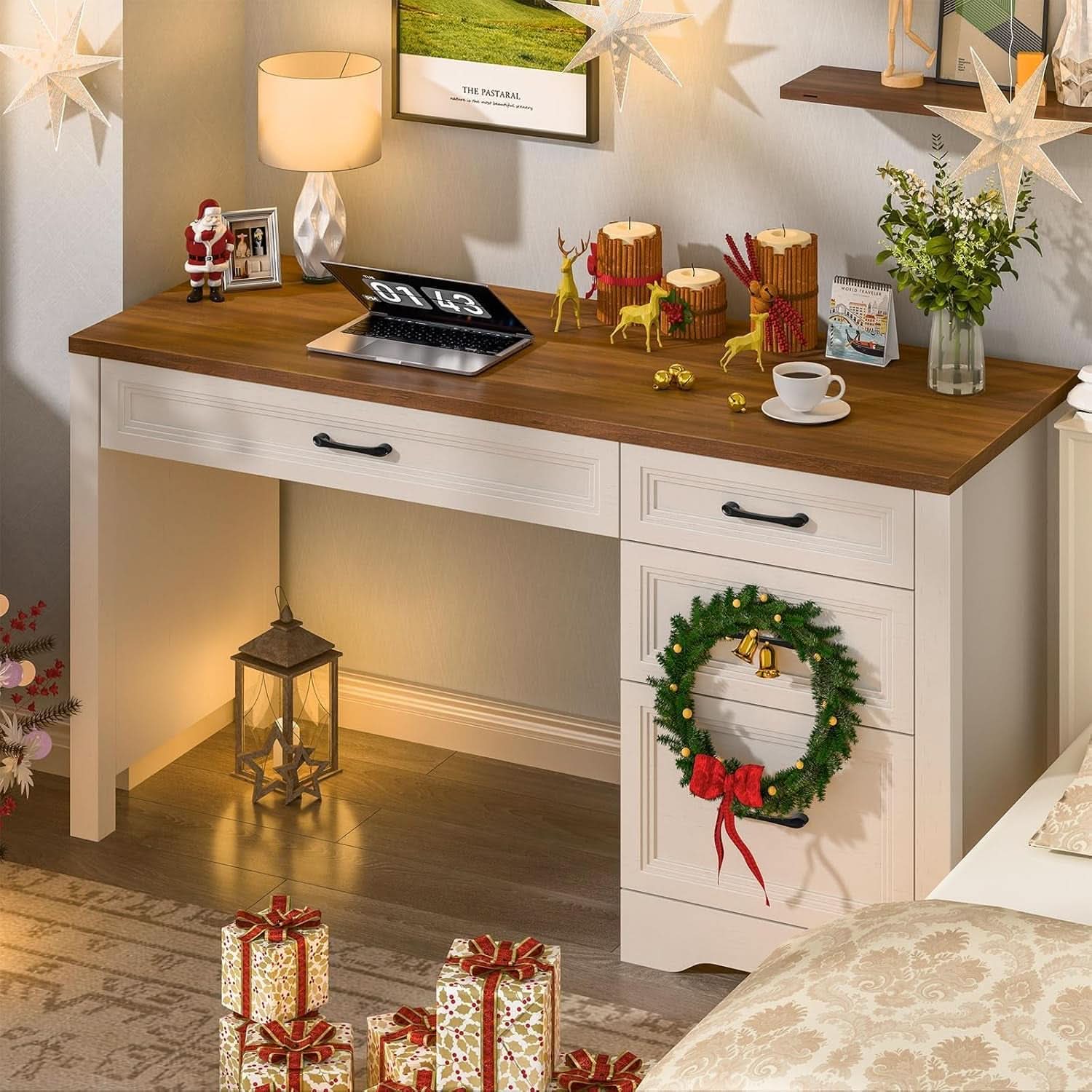 White Farmhouse Executive Desk With Storage And File Drawer