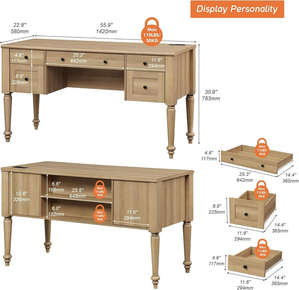 Farmhouse Executive Desk with Storage and Charging Station