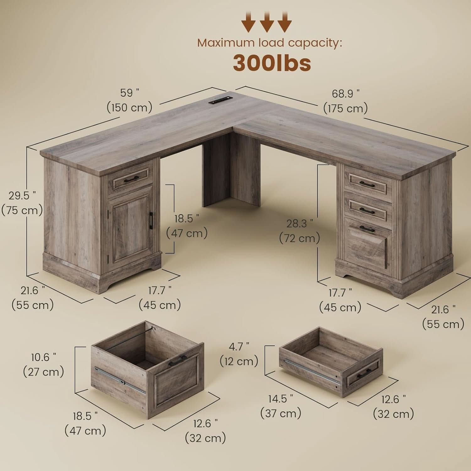 Grey L Shaped Desk With Power Outlet For Home Office