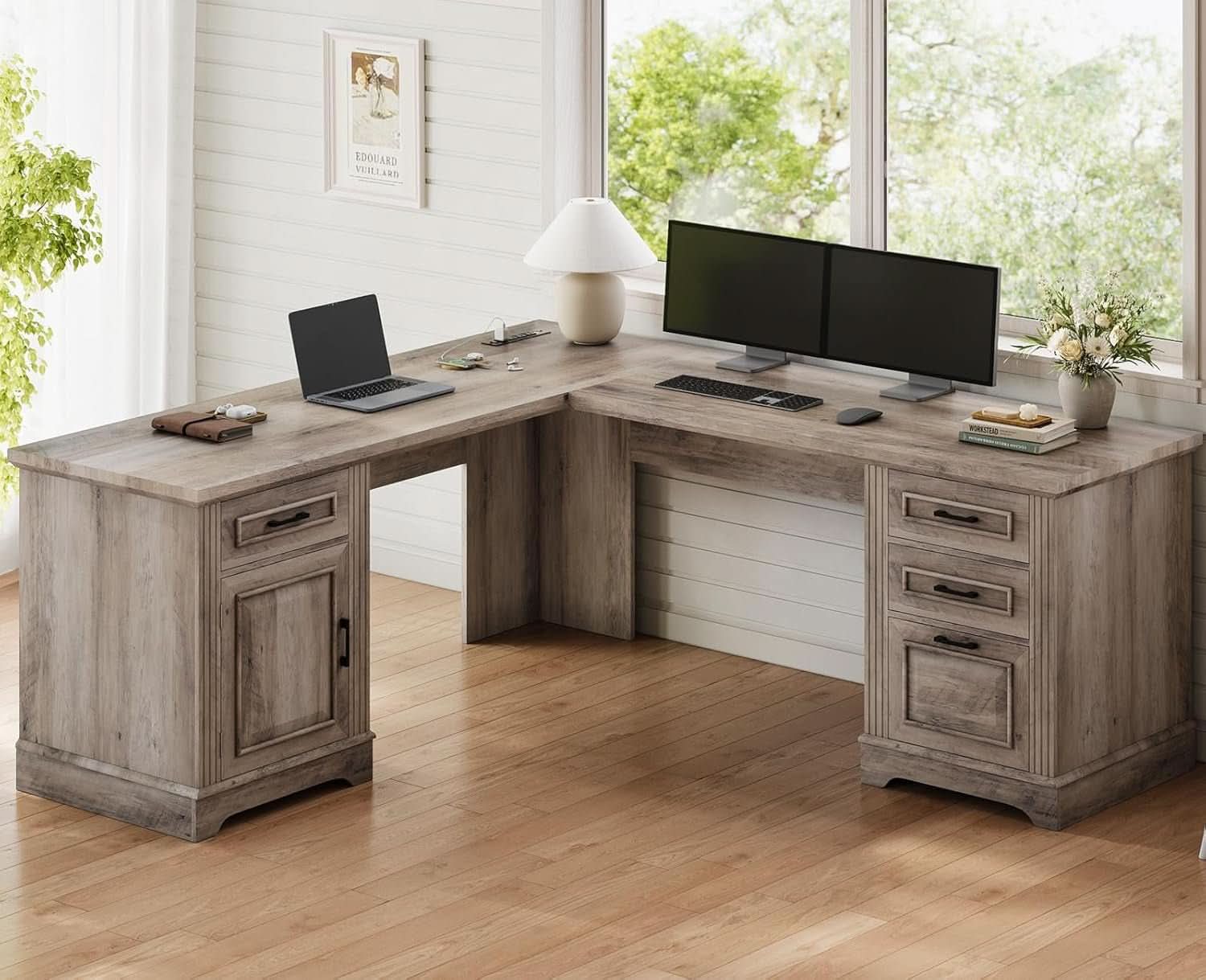 Grey L Shaped Desk With Power Outlet For Home Office