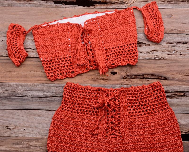 Fashion Beach Bikini Set Knitting Swimsuit Crochet Style Off Shoulder Bathing Handmade Tassels Bikini Bra Two Piece Beach Outfits For Women Crochet Tassels Hollow Out Bikini Bra Top Skirt Cover Up Dress