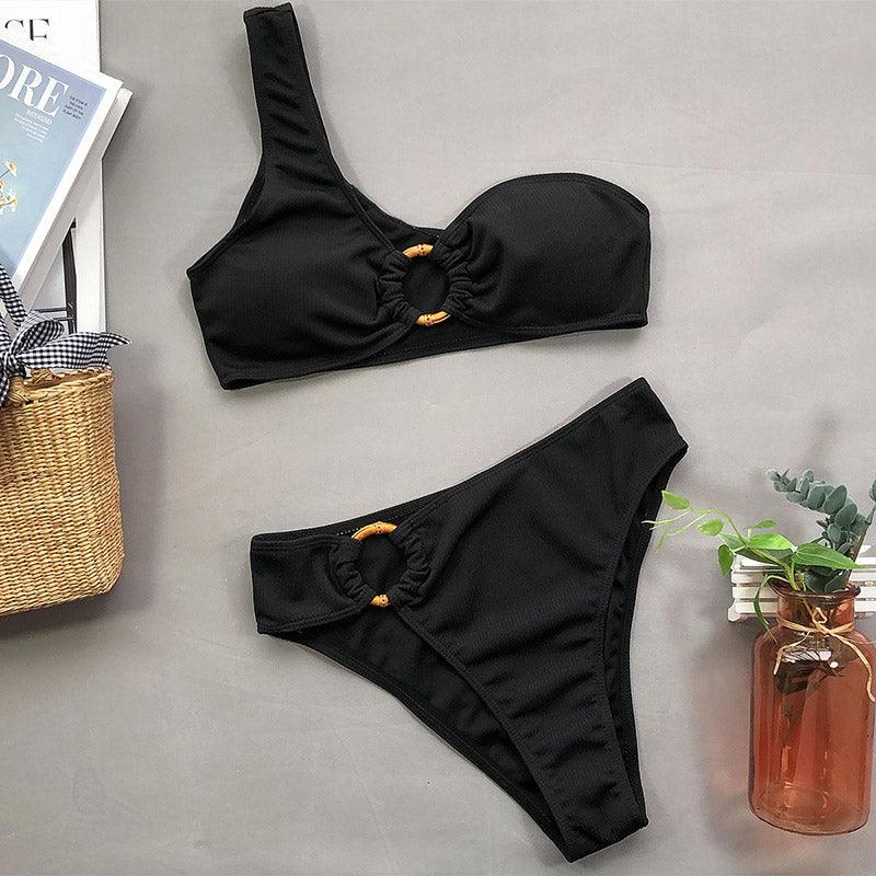 Fashion Bikini Set One Shoulder Women's Swimsuits High Waist Bright Color Swimwear Women Rings Ribbed Bikinis Women's Ribbed O-Ring String Bikini Swimsuit Comfortable Swimwear Two Pieces Bathing Suit