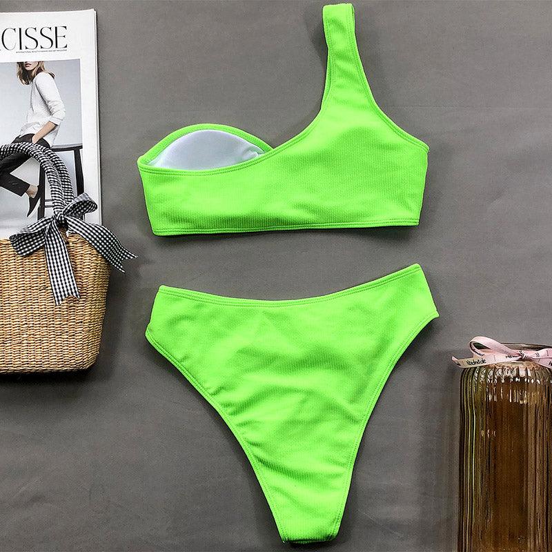 Fashion Bikini Set One Shoulder Women's Swimsuits High Waist Bright Color Swimwear Women Rings Ribbed Bikinis Women's Ribbed O-Ring String Bikini Swimsuit Comfortable Swimwear Two Pieces Bathing Suit
