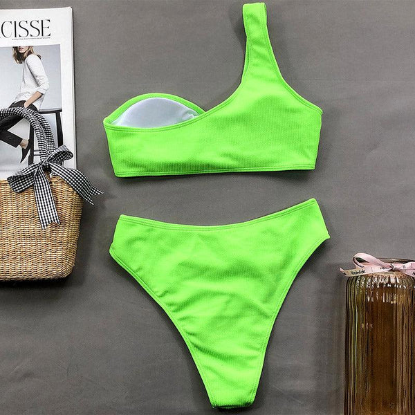 Fashion Bikini Set One Shoulder Women's Swimsuits High Waist Bright Color Swimwear Women Rings Ribbed Bikinis Women's Ribbed O-Ring String Bikini Swimsuit Comfortable Swimwear Two Pieces Bathing Suit