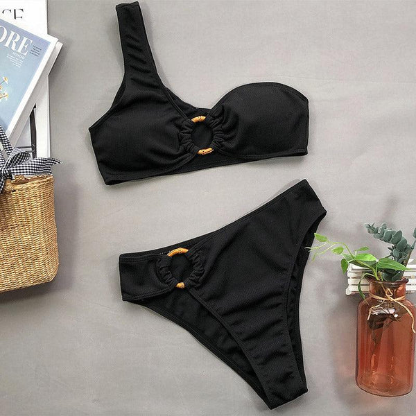 Modern Design Bikini Set One Shoulder Women's Swimsuits High Waist Bright Color Swimwear Women Rings Ribbed Bikinis Women's Ribbed O-Ring String Bikini Swimsuit Comfortable Swimwear