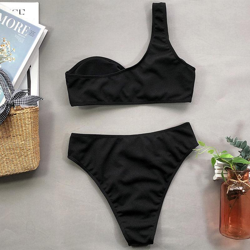 Fashion Bikini Set One Shoulder Women's Swimsuits High Waist Bright Color Swimwear Women Rings Ribbed Bikinis Women's Ribbed O-Ring String Bikini Swimsuit Comfortable Swimwear Two Pieces Bathing Suit