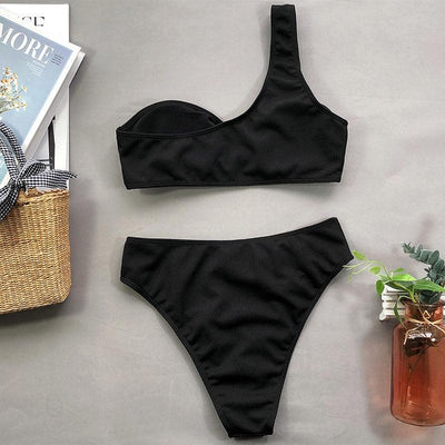 Modern Design Bikini Set One Shoulder Women's Swimsuits High Waist Bright Color Swimwear Women Rings Ribbed Bikinis Women's Ribbed O-Ring String Bikini Swimsuit Comfortable Swimwear
