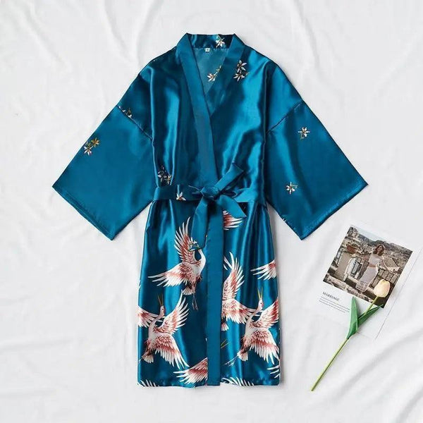 Fashion Blue Floral Bird Print Stylish Bathrobes Modern Comfortable Design Silk Soft Sleepwear For Women