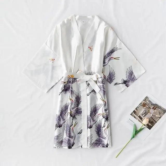 Fashion Blue Floral Bird Print Stylish Bathrobes Modern Comfortable Design Silk Soft Sleepwear For Women