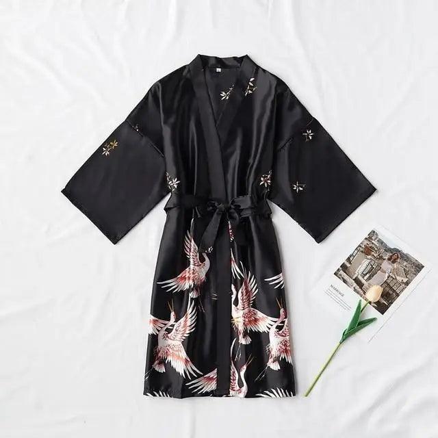 Fashion Blue Floral Bird Print Stylish Bathrobes Modern Comfortable Design Silk Soft Sleepwear For Women