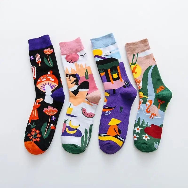 Fashion Colorful Print Socks Women Mushroom Spring Woman Socks Cotton Socks For Women Cotton Men's and Women's Printed Funky Socks - Unisex Mid Crew Length Breathable Pure Cotton Super Soft Quirky Prints Socks
