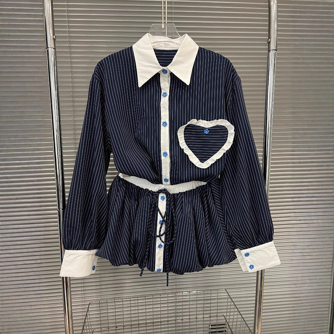 Fashion contrasting polo collar heart striped shirt top women's spring floral bud fluffy half skirt two-piece set