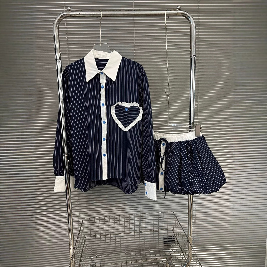 Fashion contrasting polo collar heart striped shirt top women's spring floral bud fluffy half skirt two-piece set