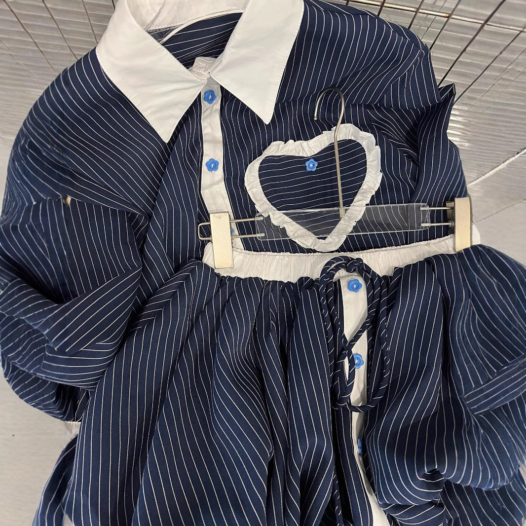 Fashion contrasting polo collar heart striped shirt top women's spring floral bud fluffy half skirt two-piece set
