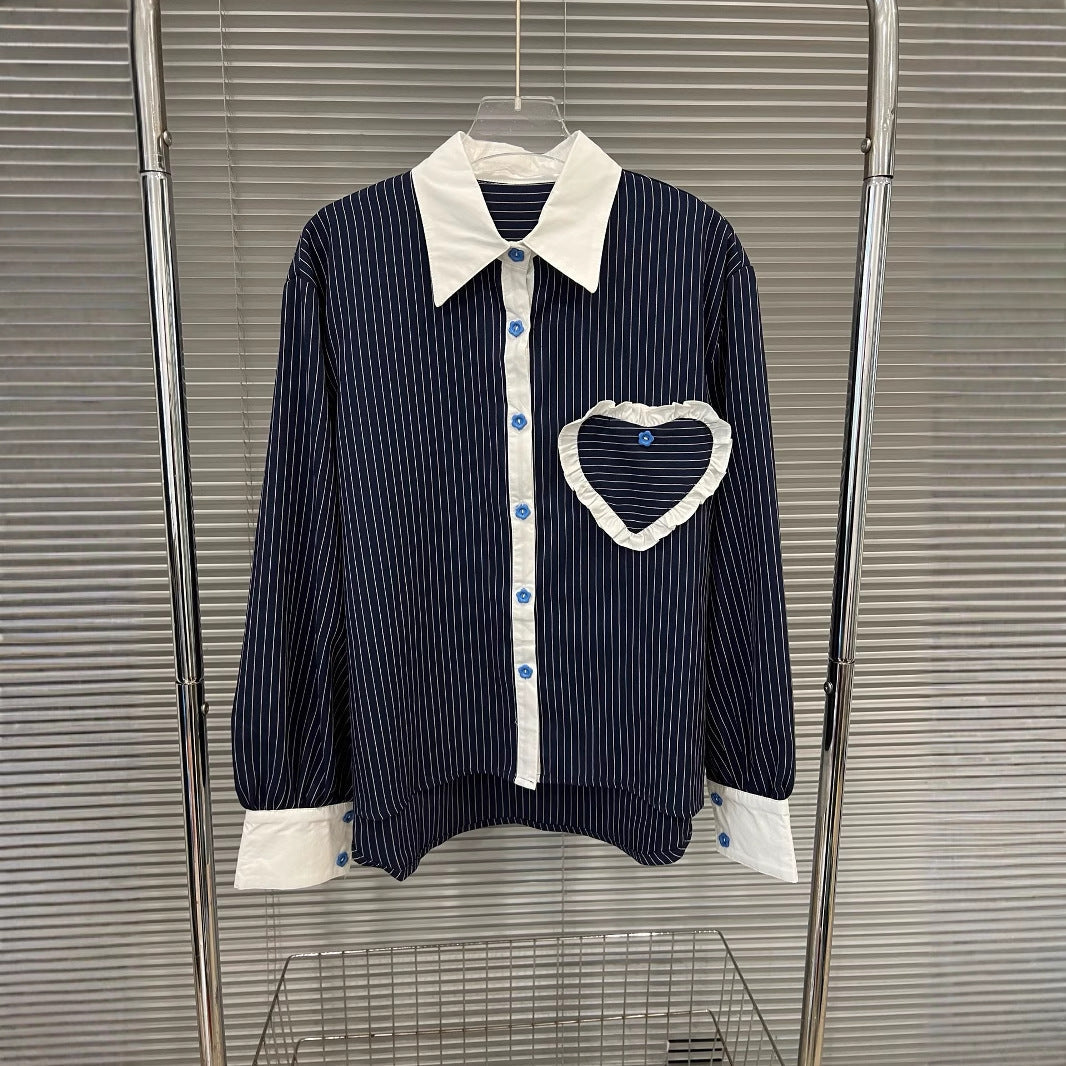 Fashion contrasting polo collar heart striped shirt top women's spring floral bud fluffy half skirt two-piece set