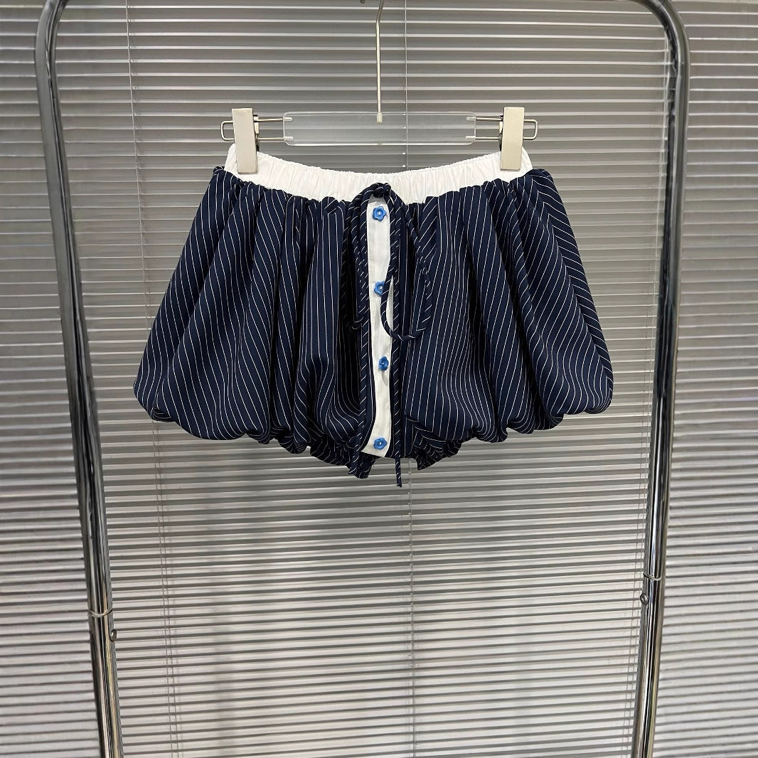 Fashion contrasting polo collar heart striped shirt top women's spring floral bud fluffy half skirt two-piece set