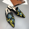 Fashion Embroidery Women Fur Slides Half Slippers Velvet Shoes Flats Flower Decoration Low Heel Flats Leather Slip On Backless Sandals For Girls Womens Work Slides Shoes - Green / 4.5
