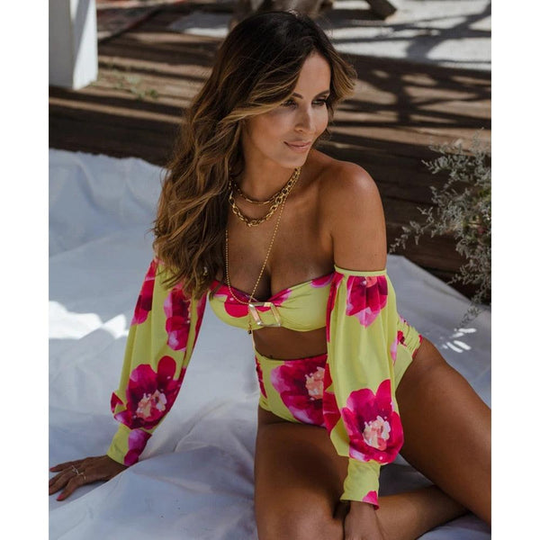 Fashion High Waist Bikini New Long Sleeve Swimsuit Floral Long Sleeve Tie Side 2-Pieces Swimsuit Bathing Suit Swimwear  Off-Shoulder Swimwear Women Bubble Sleeve Bikinis Mesh Beach Wear