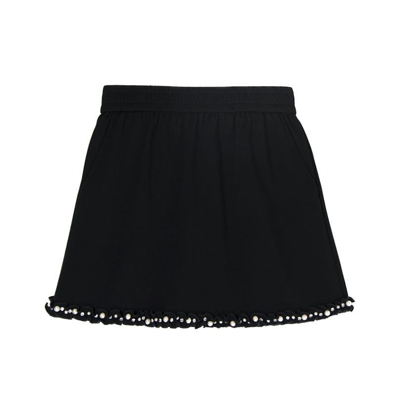 Fashion Set V-neck Solid Color Shoulder Pad T-shirt+Elastic Waist Short Skirt