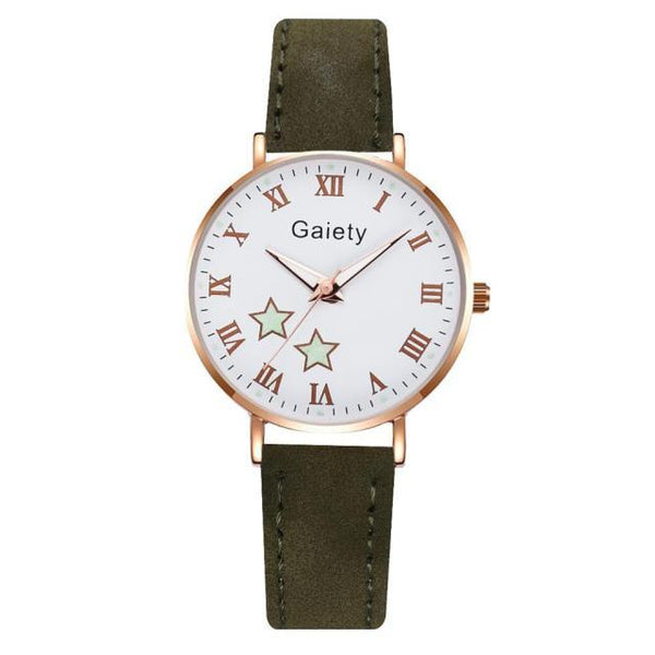 Fashion Set Watch Casual All-Match Leather Strap Student Watch Luminous Five-Pointed Star Dial Childrens Luminous Watch Women Casual Leather Female Wrist Watch Leather Band Quartz Watch