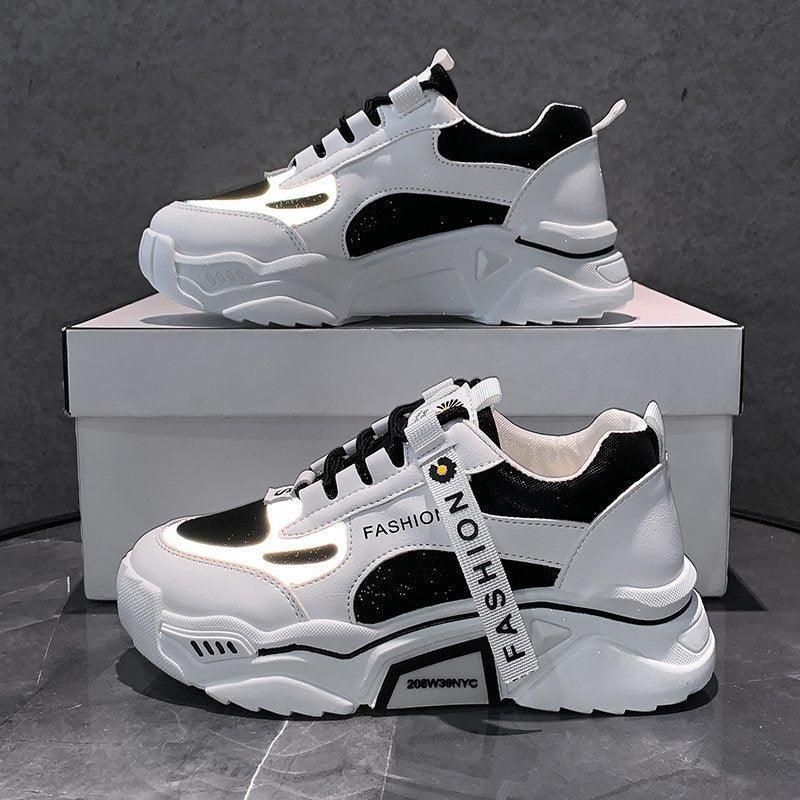 Fashion Spring Reflective Women Sneakers Lace Up Chunky Sneakers Mixed Color Women's Lightweight Casual Everyday Walking Fashion Chunky Sneakers