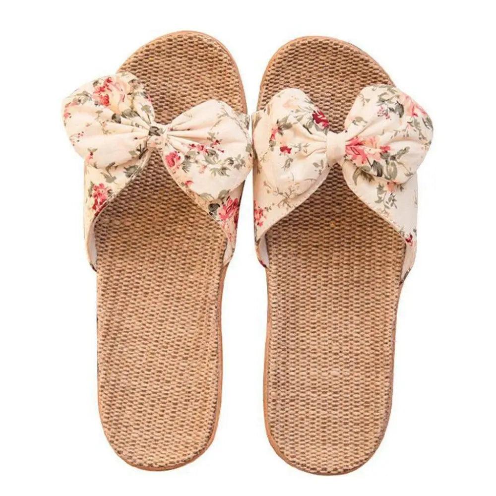 Fashion Woman Beach Floral Pattern Butterfly Knot Slippers Unique Flat Flip Flops Design For Women Outdoor Home Slippers