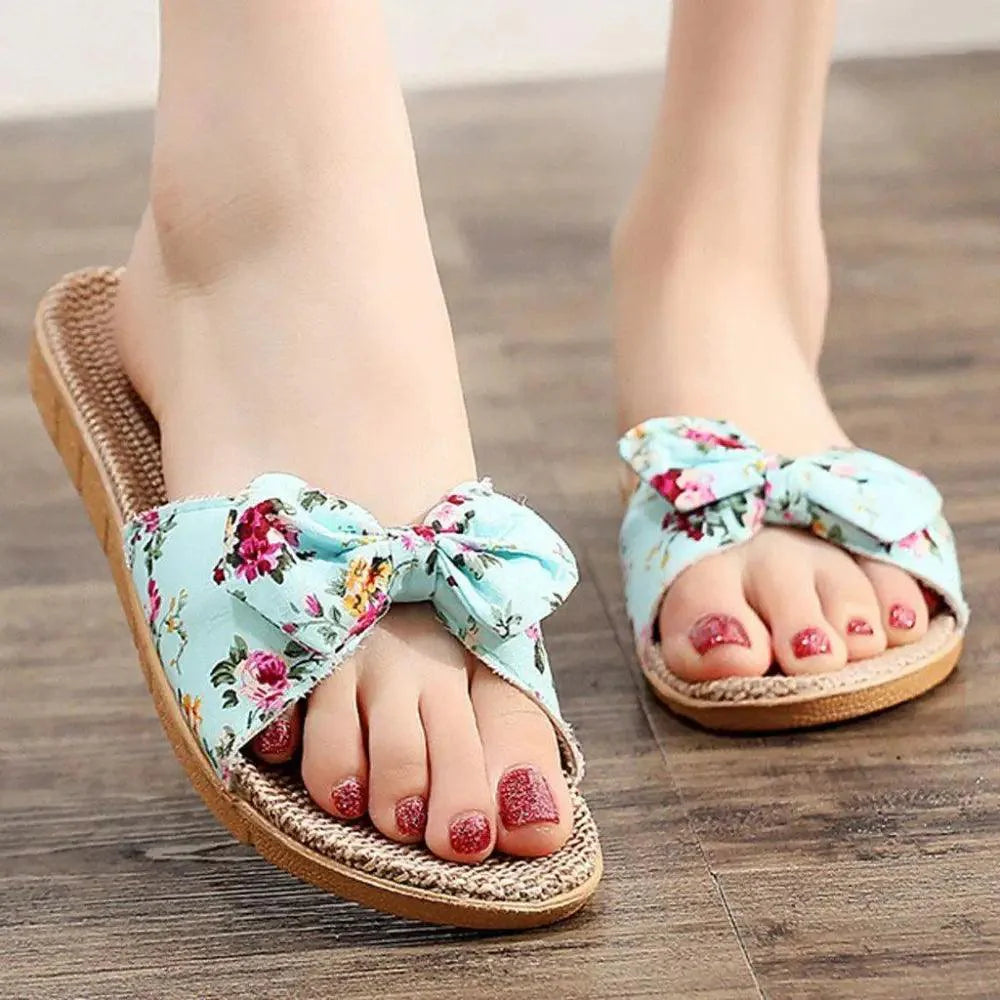 Fashion Woman Beach Floral Pattern Butterfly Knot Slippers Unique Flat Flip Flops Design For Women Outdoor Home Slippers