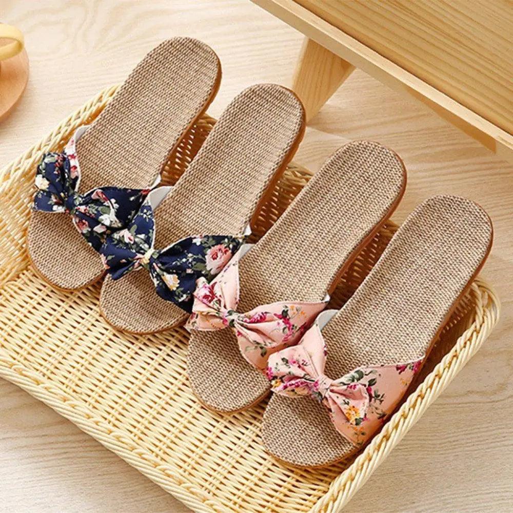 Fashion Woman Beach Floral Pattern Butterfly Knot Slippers Unique Flat Flip Flops Design For Women Outdoor Home Slippers