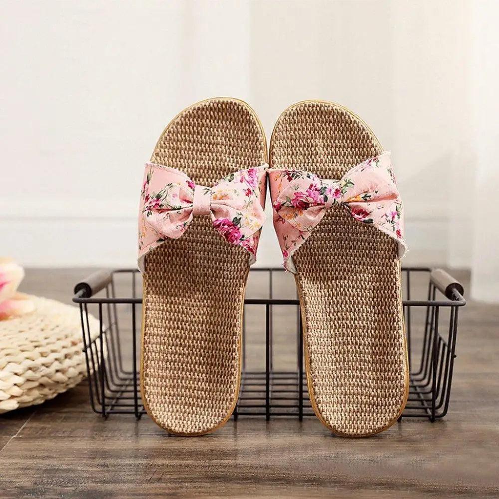 Fashion Woman Beach Floral Pattern Butterfly Knot Slippers Unique Flat Flip Flops Design For Women Outdoor Home Slippers