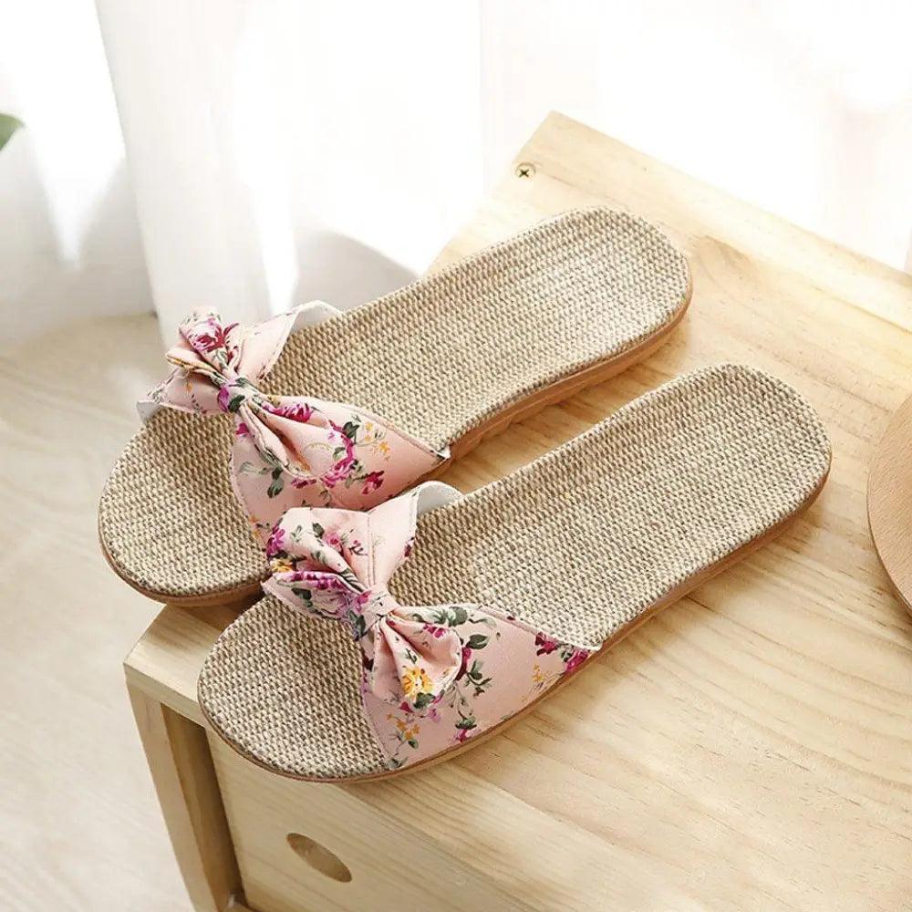 Fashion Woman Beach Floral Pattern Butterfly Knot Slippers Unique Flat Flip Flops Design For Women Outdoor Home Slippers