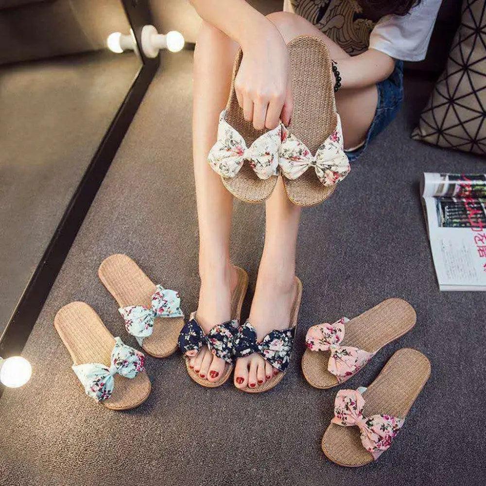 Fashion Woman Beach Floral Pattern Butterfly Knot Slippers Unique Flat Flip Flops Design For Women Outdoor Home Slippers