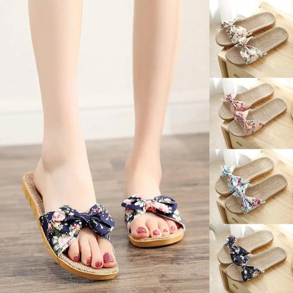 Fashion Woman Beach Floral Pattern Butterfly Knot Slippers Unique Flat Flip Flops Design For Women Outdoor Home Slippers