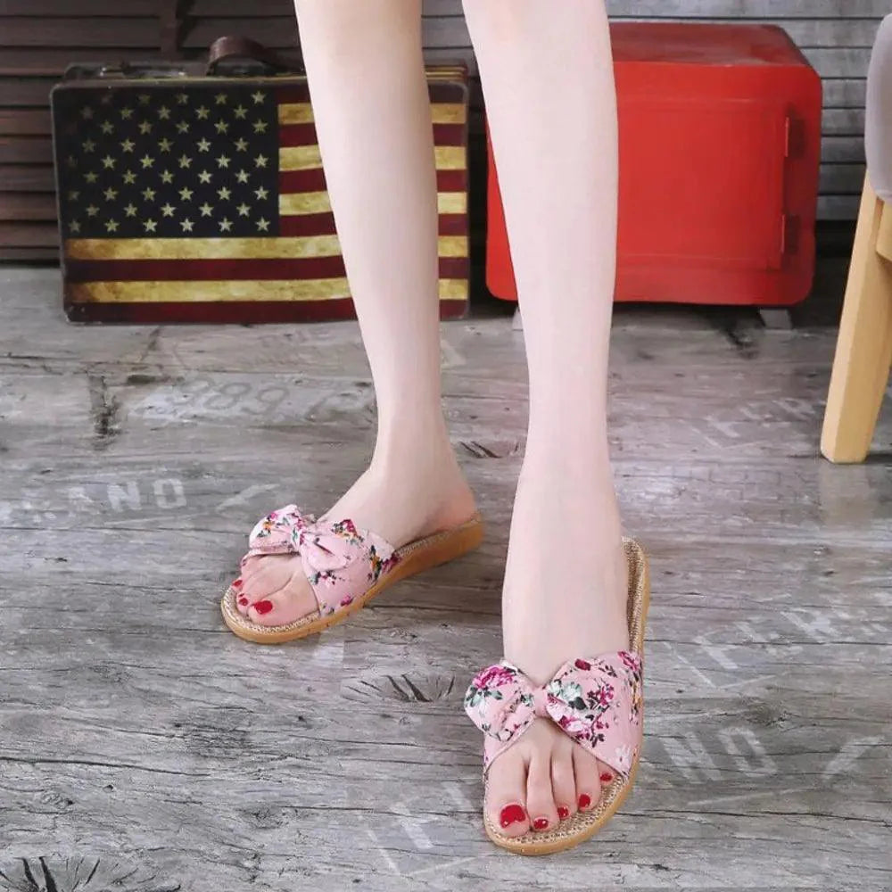 Fashion Woman Beach Floral Pattern Butterfly Knot Slippers Unique Flat Flip Flops Design For Women Outdoor Home Slippers
