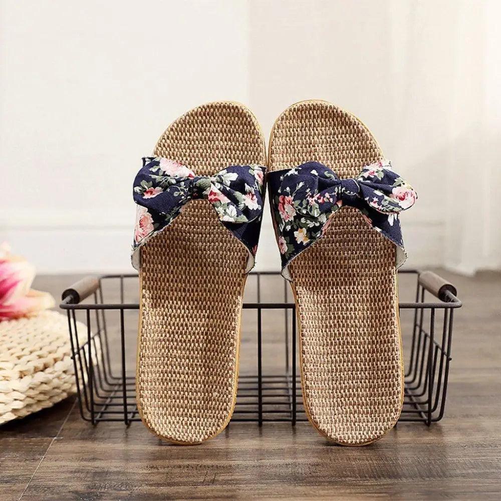 Fashion Woman Beach Floral Pattern Butterfly Knot Slippers Unique Flat Flip Flops Design For Women Outdoor Home Slippers