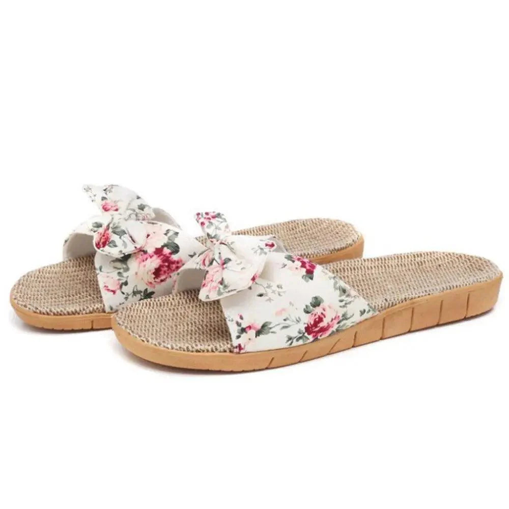 Fashion Woman Beach Floral Pattern Butterfly Knot Slippers Unique Flat Flip Flops Design For Women Outdoor Home Slippers