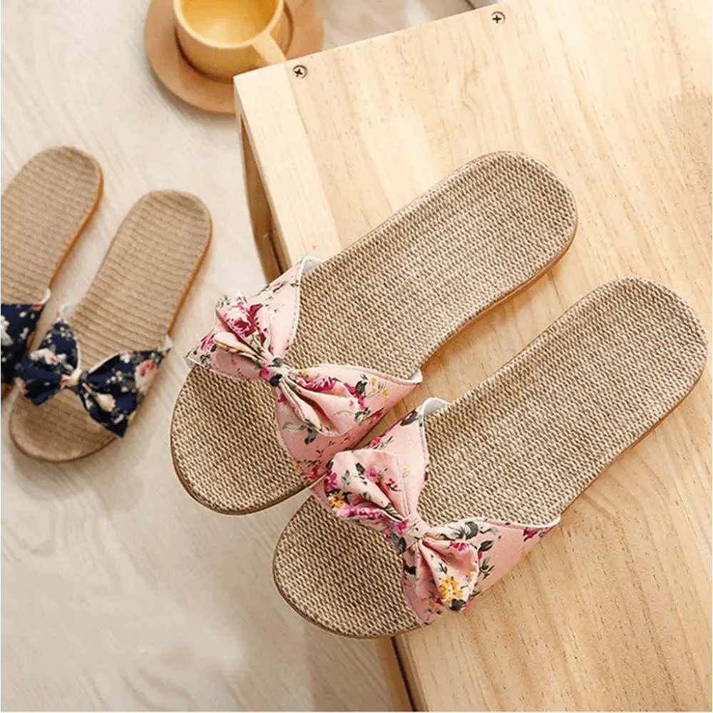 Fashion Woman Beach Floral Pattern Butterfly Knot Slippers Unique Flat Flip Flops Design For Women Outdoor Home Slippers