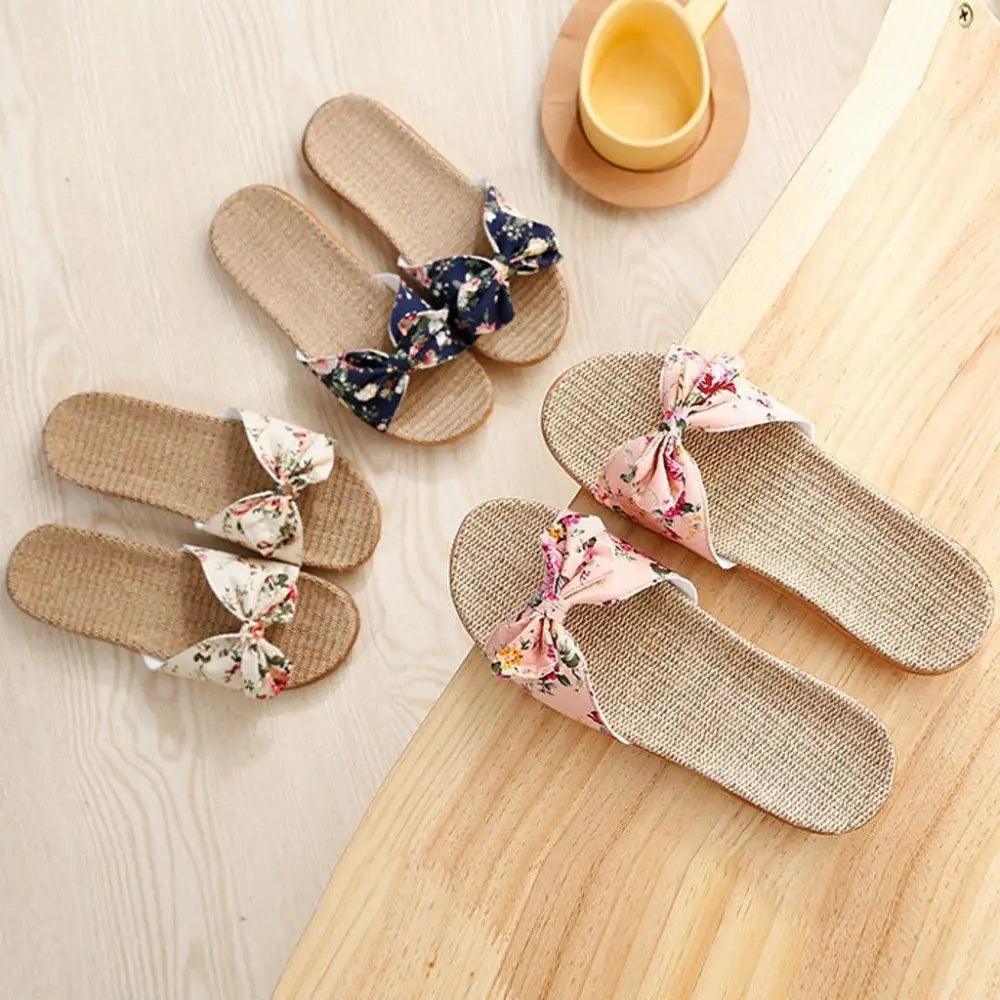 Fashion Woman Beach Floral Pattern Butterfly Knot Slippers Unique Flat Flip Flops Design For Women Outdoor Home Slippers