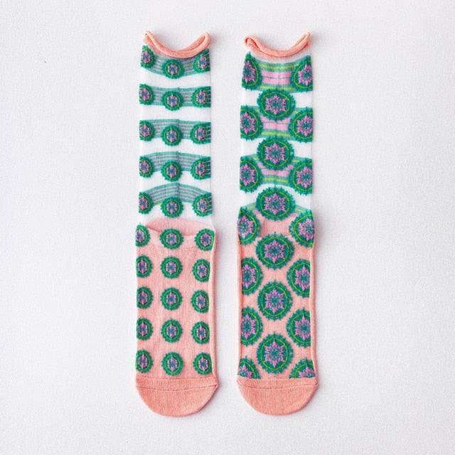 Fashion Women Socks New Spring Summer Mesh Thin Long Printed Socks Women Casual Breathable Fresh Flower Socks Korea Style Color Thin Socks For Women