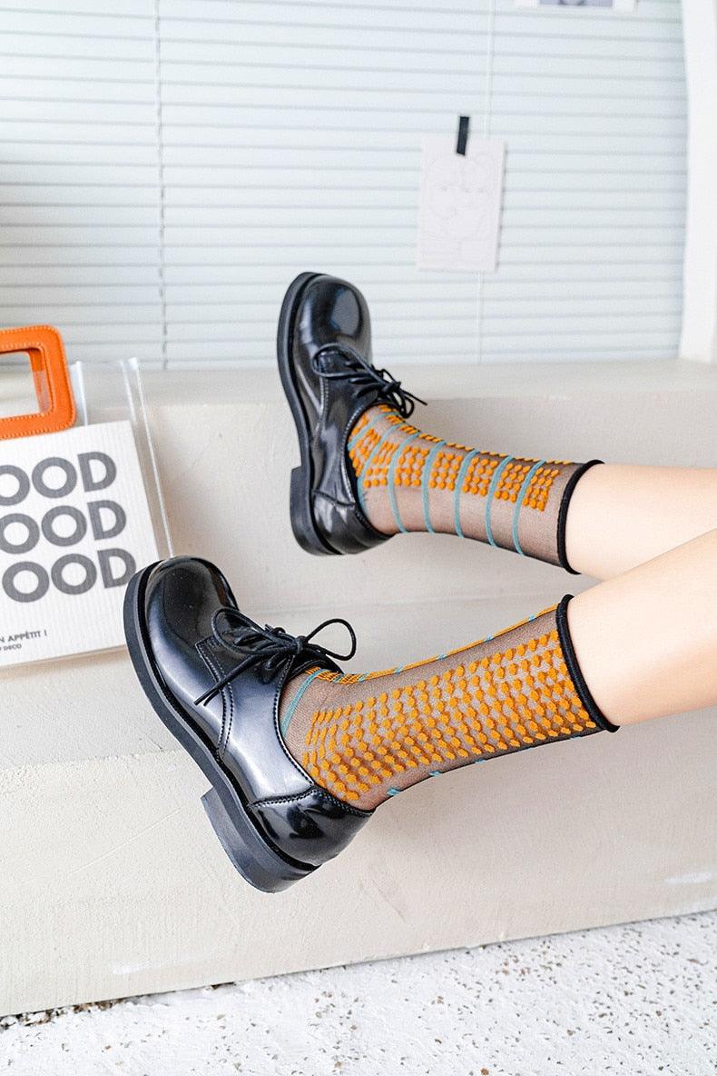 Fashion Women Socks New Spring Summer Mesh Thin Long Printed Socks Women Casual Breathable Fresh Flower Socks Korea Style Color Thin Socks For Women