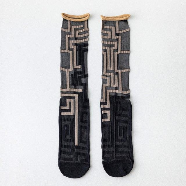 Fashion Women Socks New Spring Summer Mesh Thin Long Printed Socks Women Casual Breathable Fresh Flower Socks Korea Style Color Thin Socks For Women