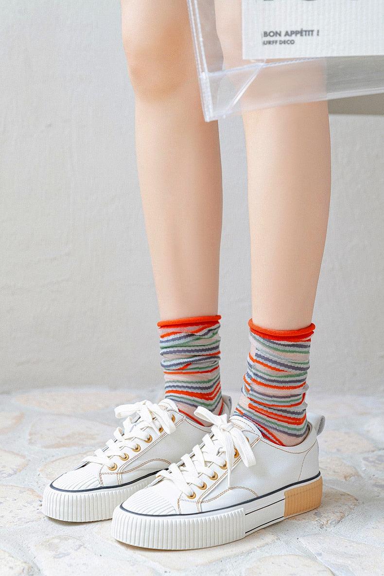 Fashion Women Socks New Spring Summer Mesh Thin Long Printed Socks Women Casual Breathable Fresh Flower Socks Korea Style Color Thin Socks For Women