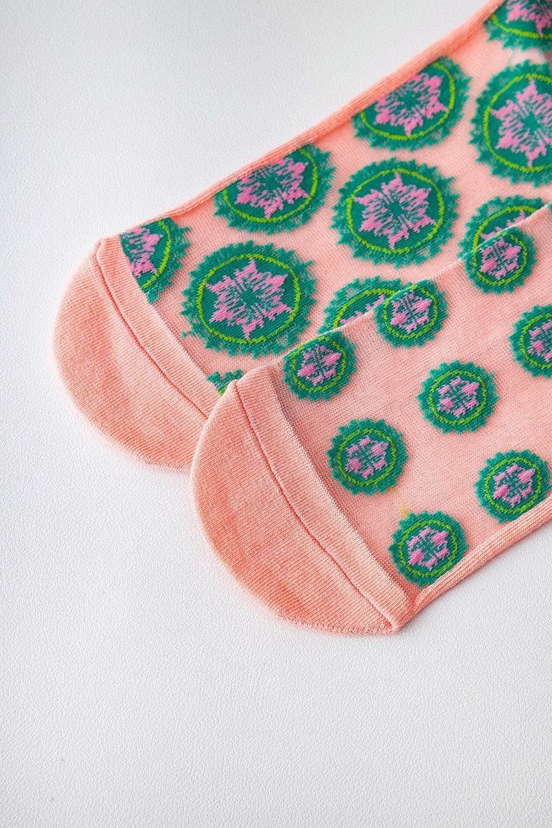 Fashion Women Socks New Spring Summer Mesh Thin Long Printed Socks Women Casual Breathable Fresh Flower Socks Korea Style Color Thin Socks For Women