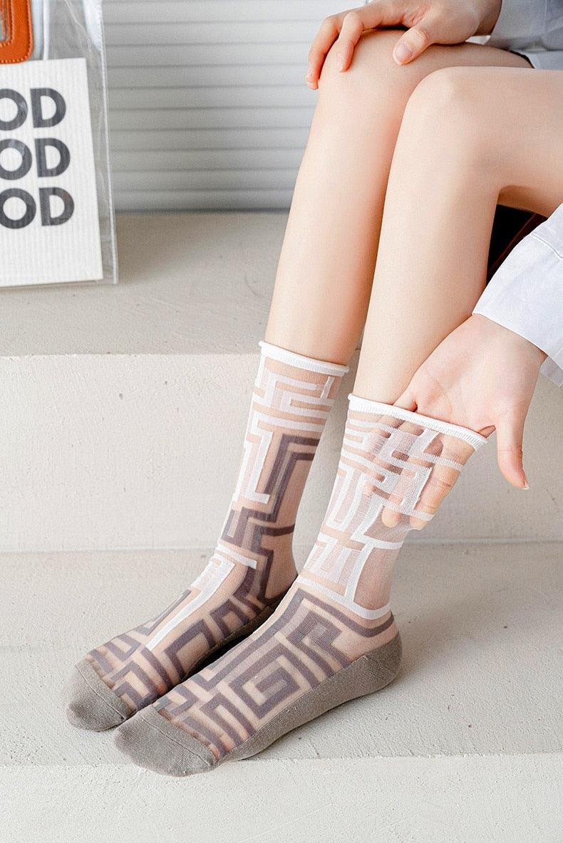 Fashion Women Socks New Spring Summer Mesh Thin Long Printed Socks Women Casual Breathable Fresh Flower Socks Korea Style Color Thin Socks For Women